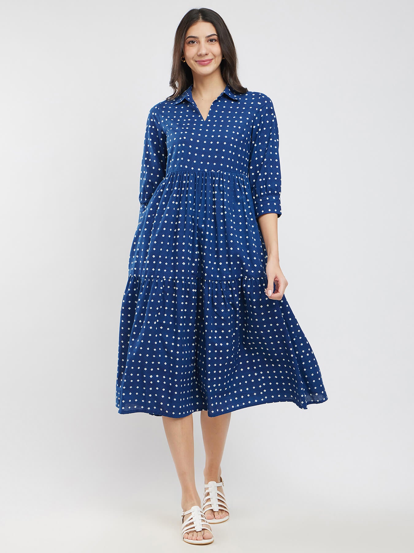Cotton Dabu Polka Dress - Blue