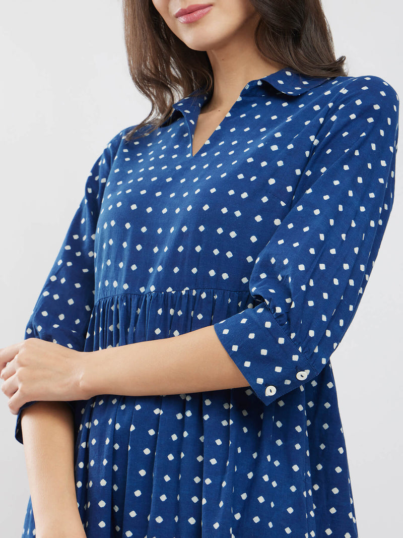 Cotton Dabu Polka Dress - Blue