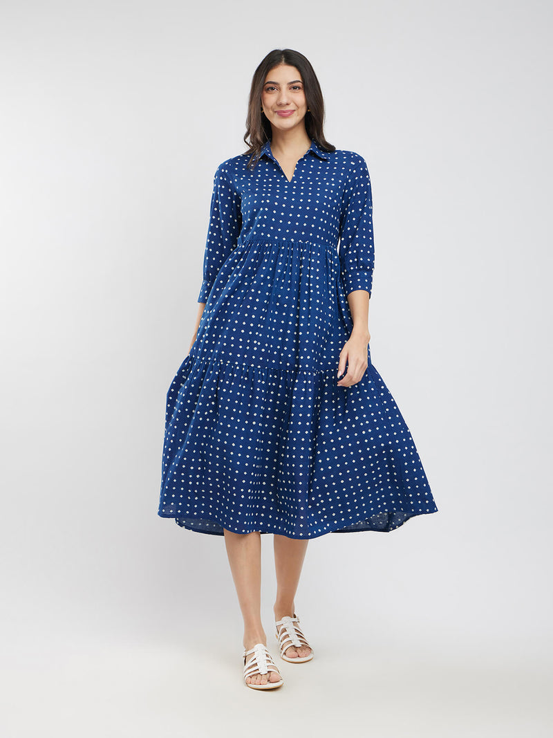 Cotton Dabu Polka Dress - Blue