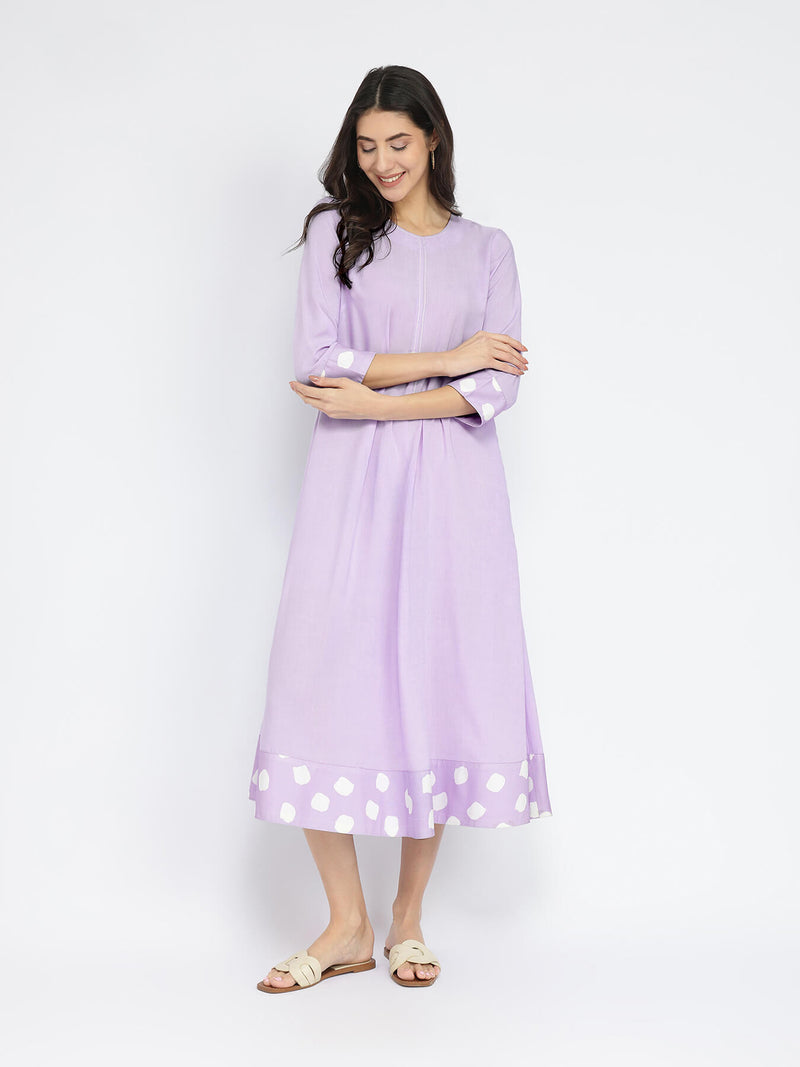 Rayon Solid & Polka A-Line Dress - Lavender
