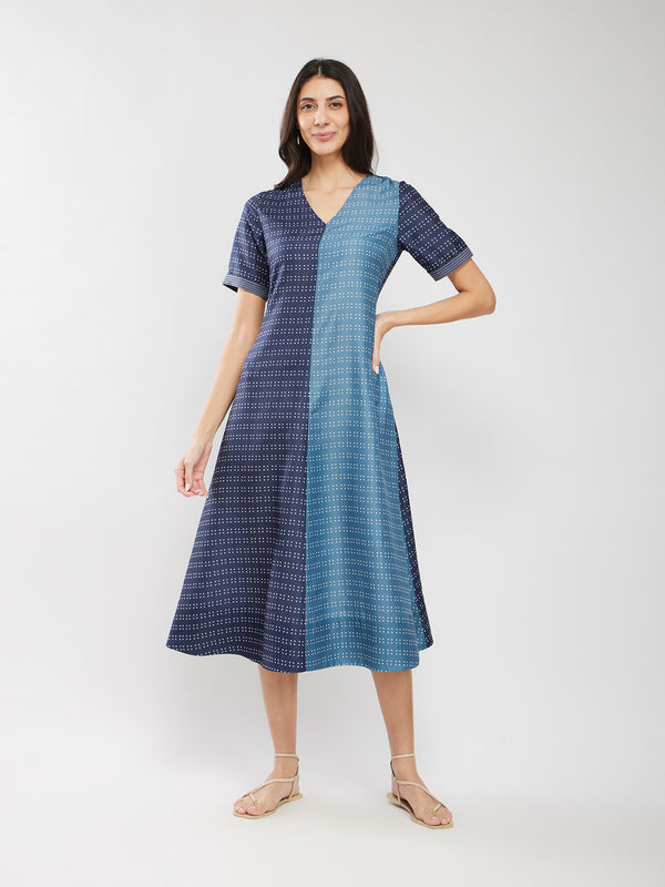 Bandhani Colourblock Dress - Blue