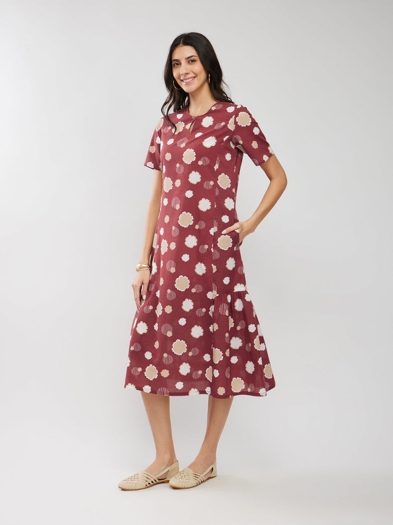 Cotton Floral Relaxed Dress - Rust