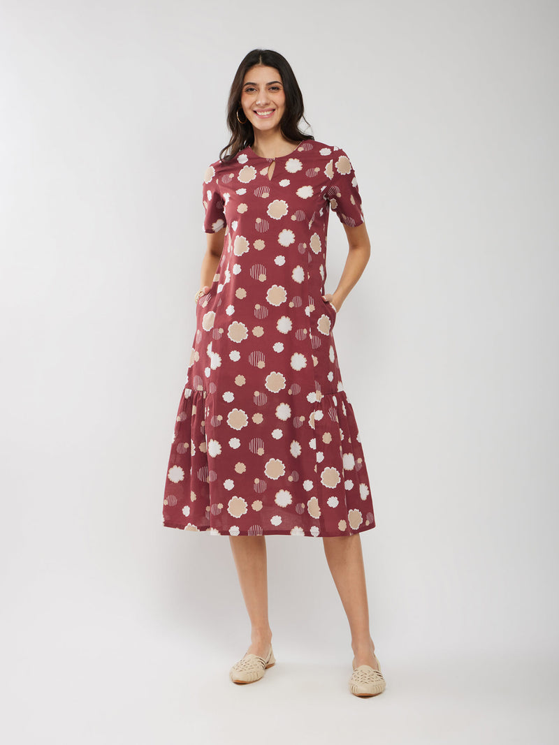 Cotton Floral Relaxed Dress - Rust