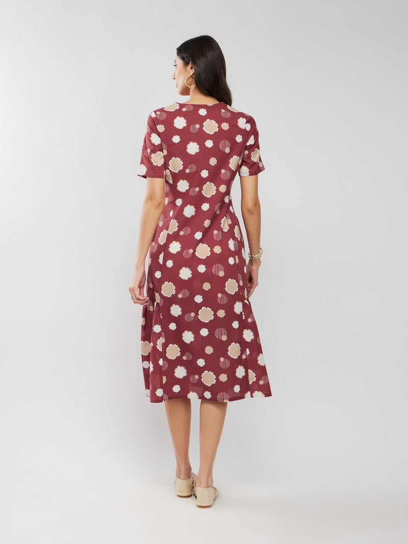 Cotton Floral Relaxed Dress - Rust