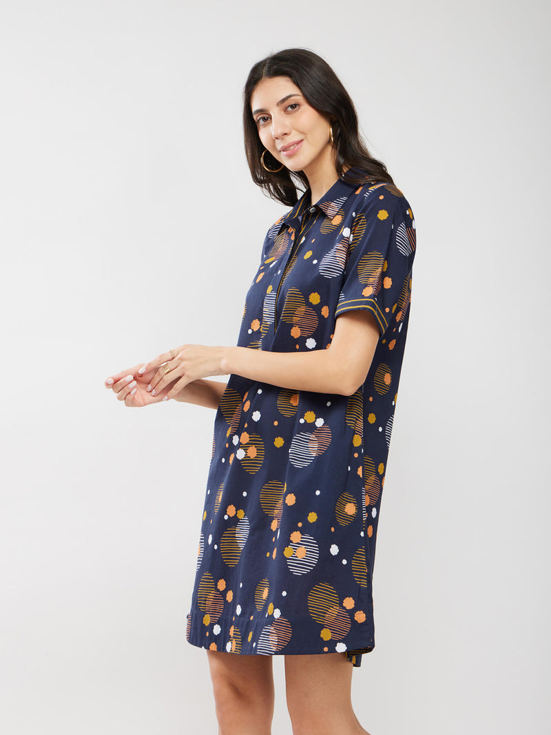 Cotton Print Play Dress - Navy Blue