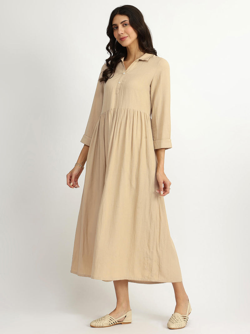 Rayon Solid Fit & Flare Dress - Khaki