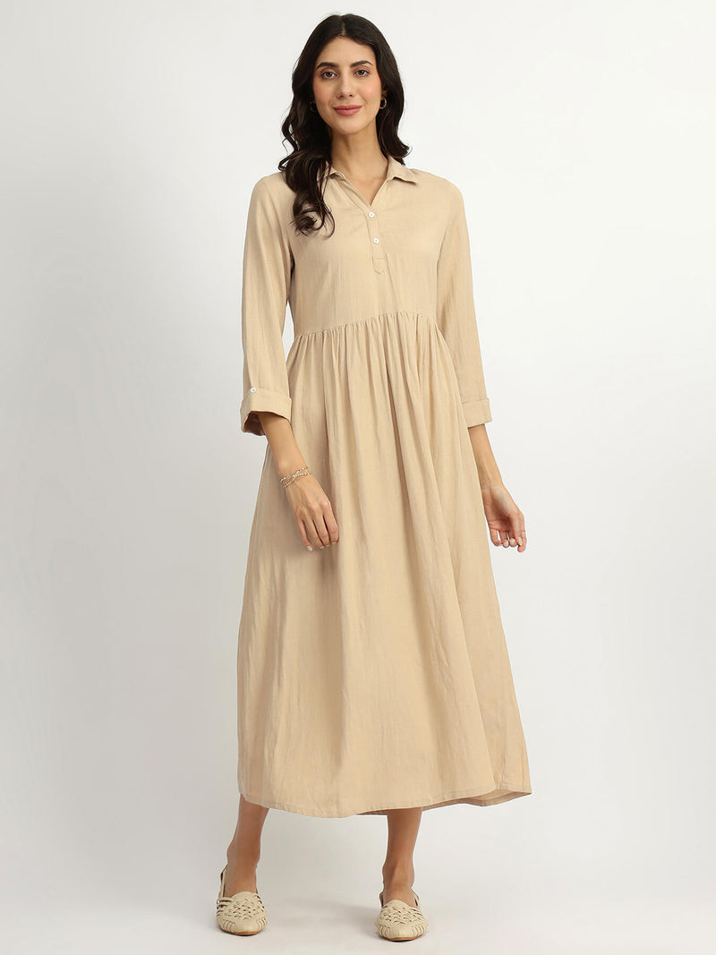 Rayon Solid Fit & Flare Dress - Khaki