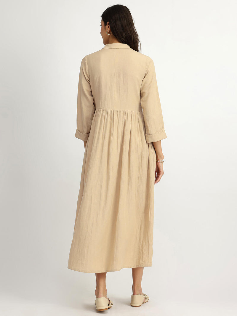 Rayon Solid Fit & Flare Dress - Khaki