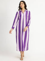 Cotton Striped Shirt Collar Dress - Purple