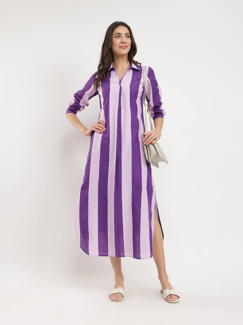 Cotton Striped Shirt Collar Dress - Purple