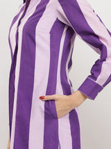 Cotton Striped Shirt Collar Dress - Purple