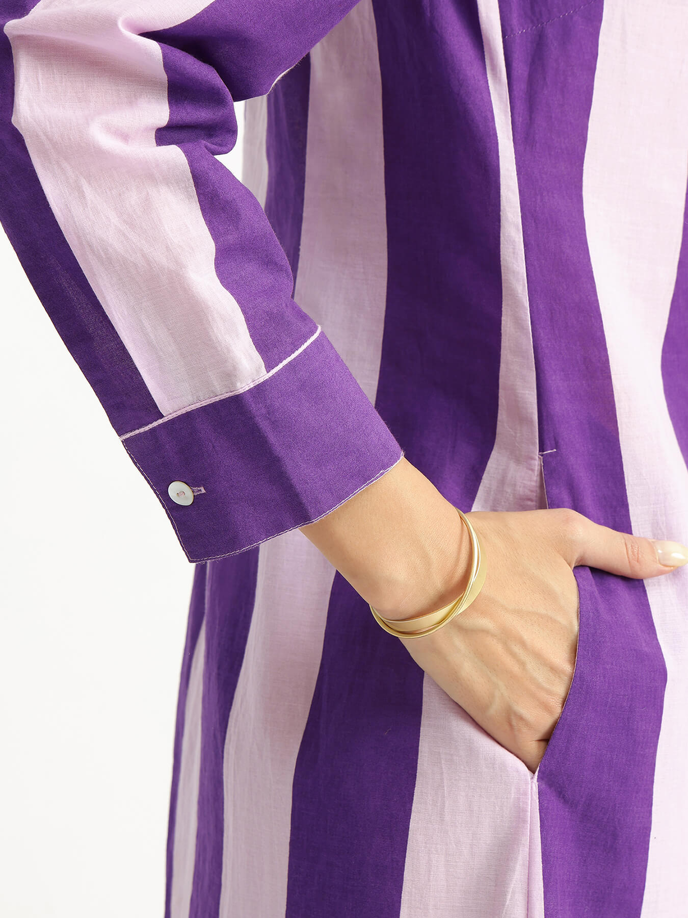 Cotton Striped Shirt Collar Dress - Purple