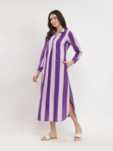 Cotton Striped Shirt Collar Dress - Purple