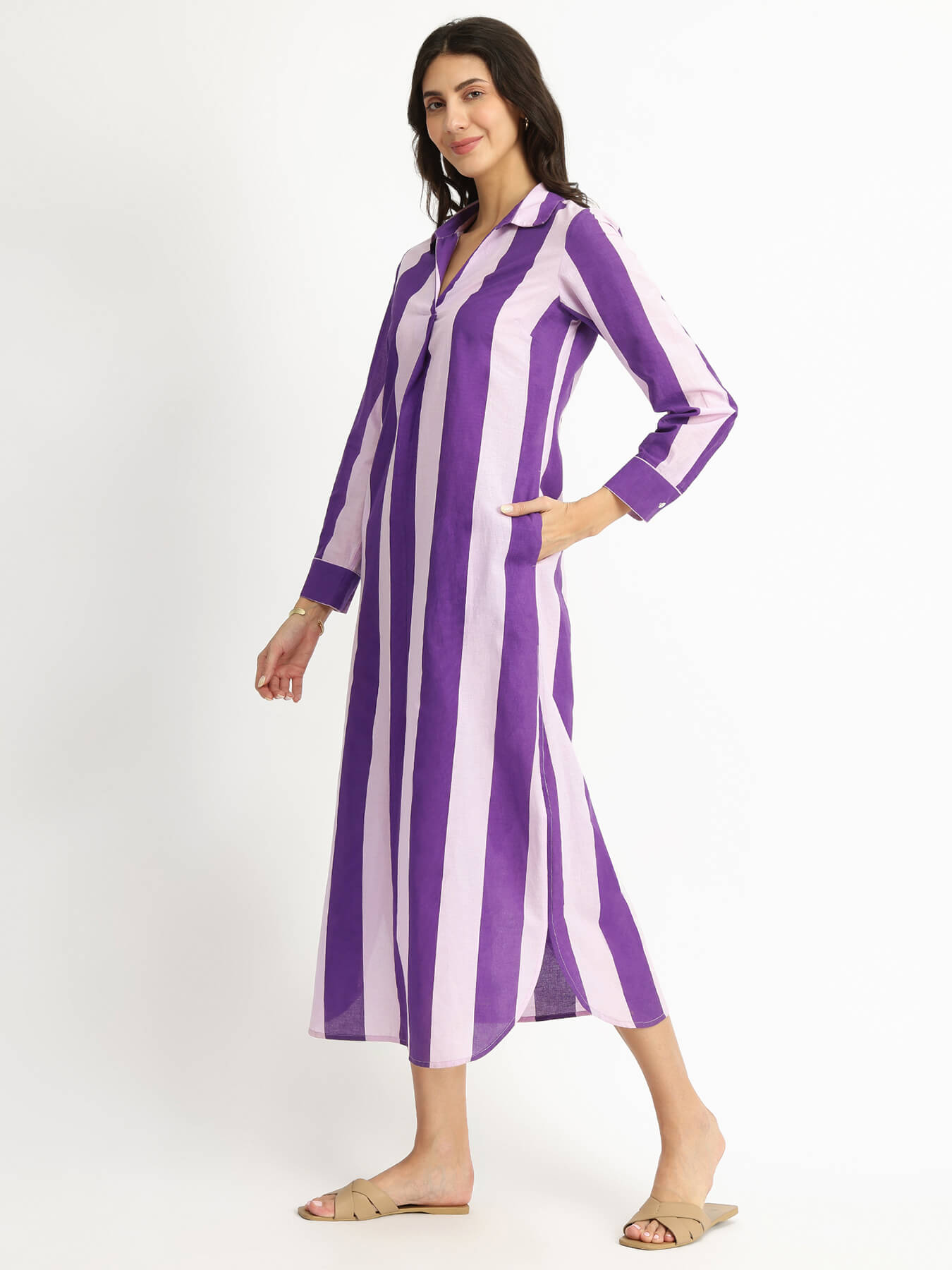 Cotton Striped Shirt Collar Dress - Purple