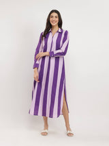 Cotton Striped Shirt Collar Dress - Purple