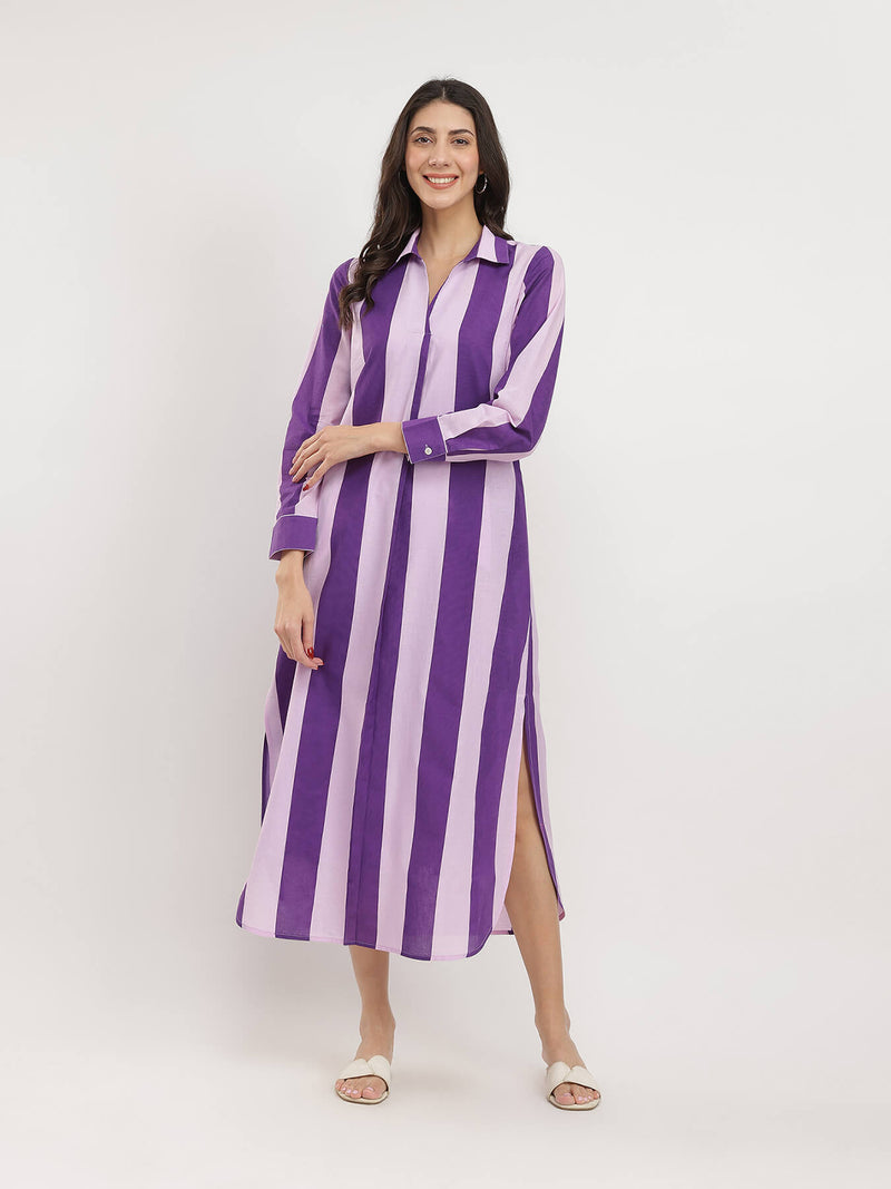 Cotton Striped Shirt Collar Dress - Purple