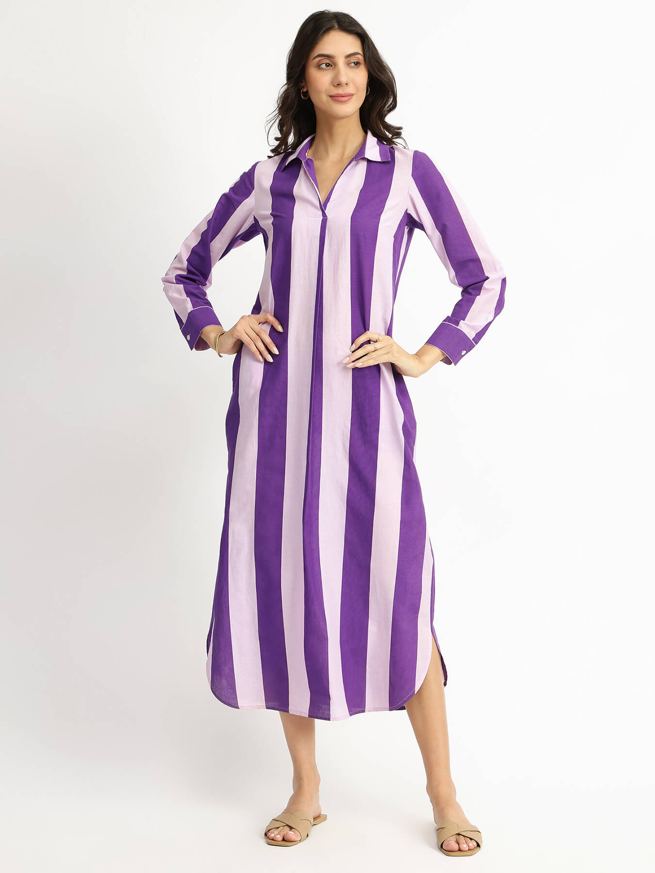 Cotton Striped Shirt Collar Dress - Purple