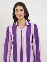 Cotton Striped Shirt Collar Dress - Purple