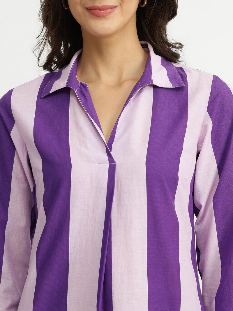 Cotton Striped Shirt Collar Dress - Purple