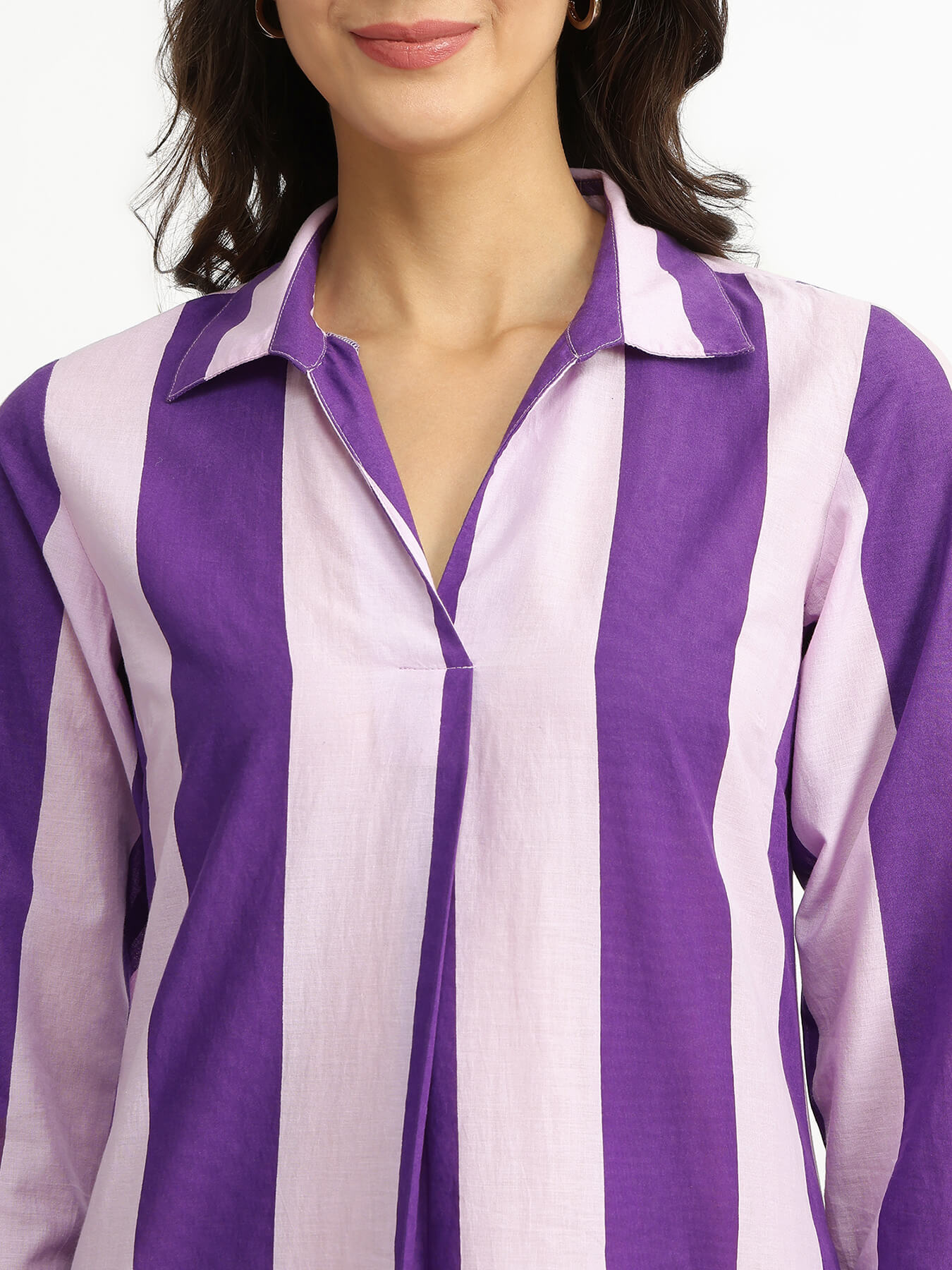 Cotton Striped Shirt Collar Dress - Purple