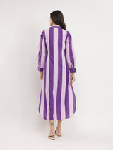 Cotton Striped Shirt Collar Dress - Purple