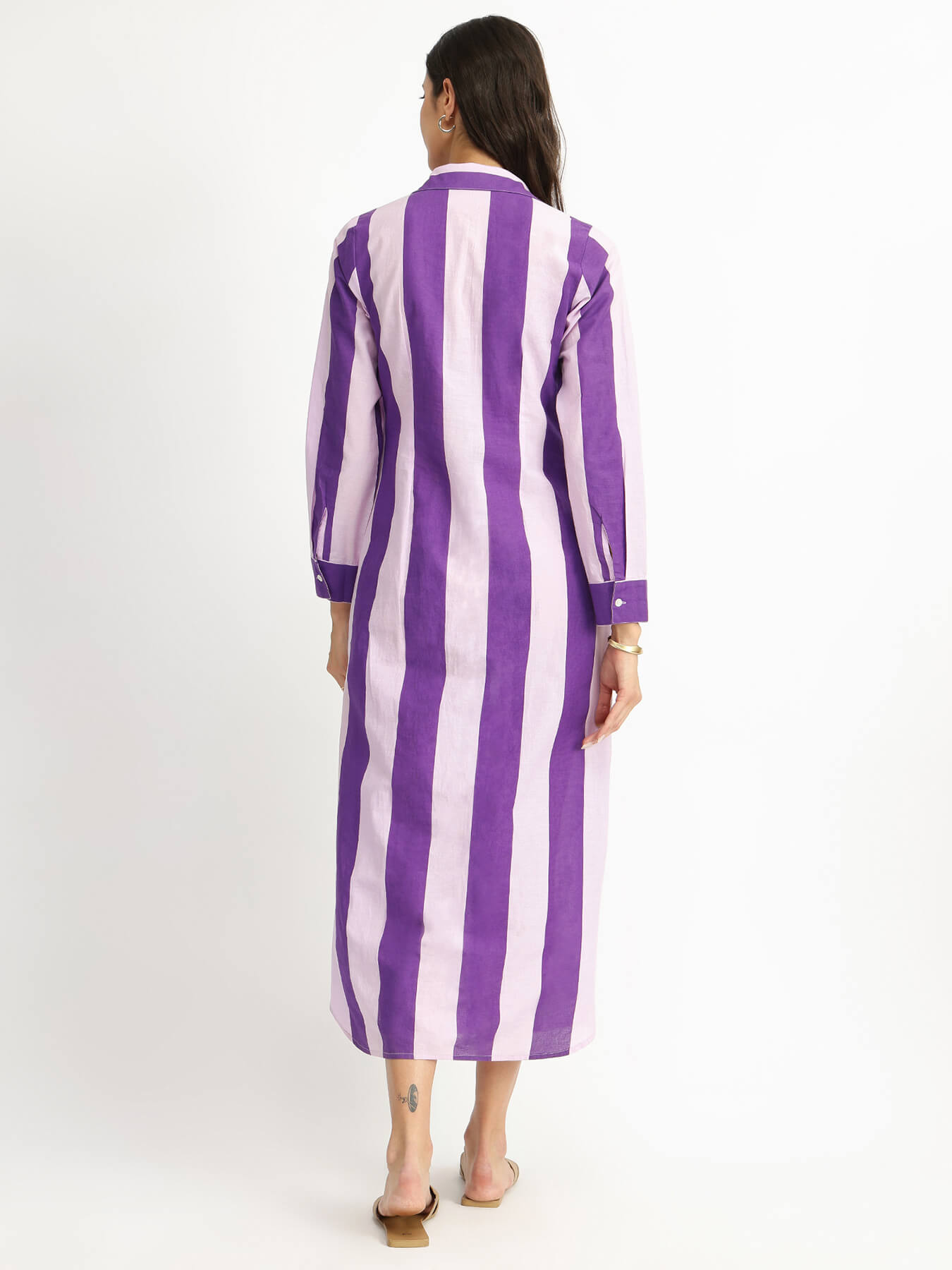 Cotton Striped Shirt Collar Dress - Purple