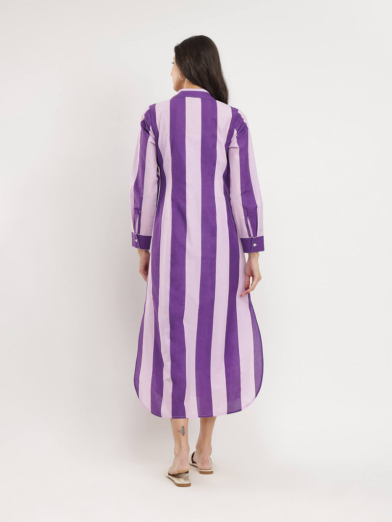 Cotton Striped Shirt Collar Dress - Purple