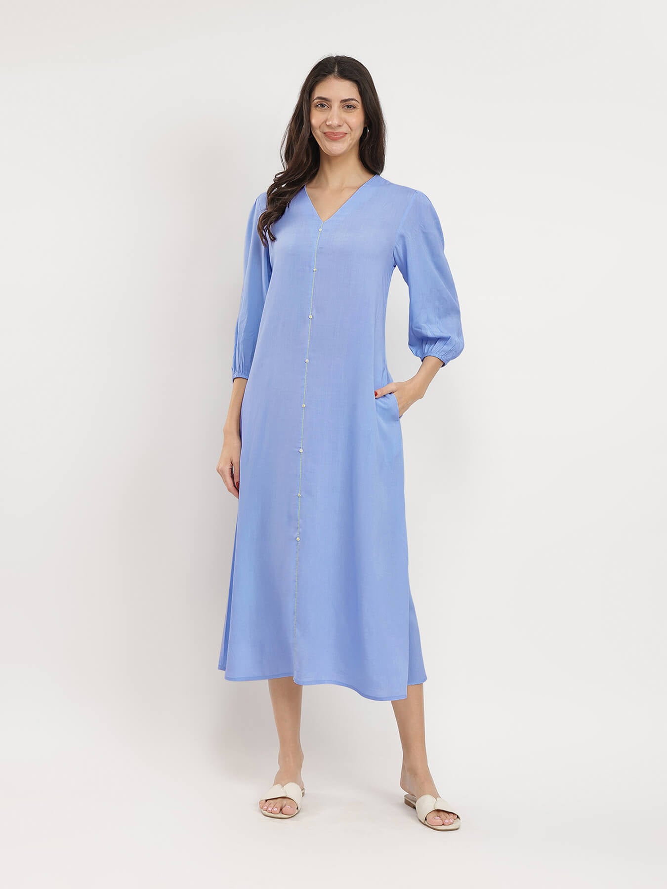 Rayon Solid Buttoned Maxi Dress - Blue