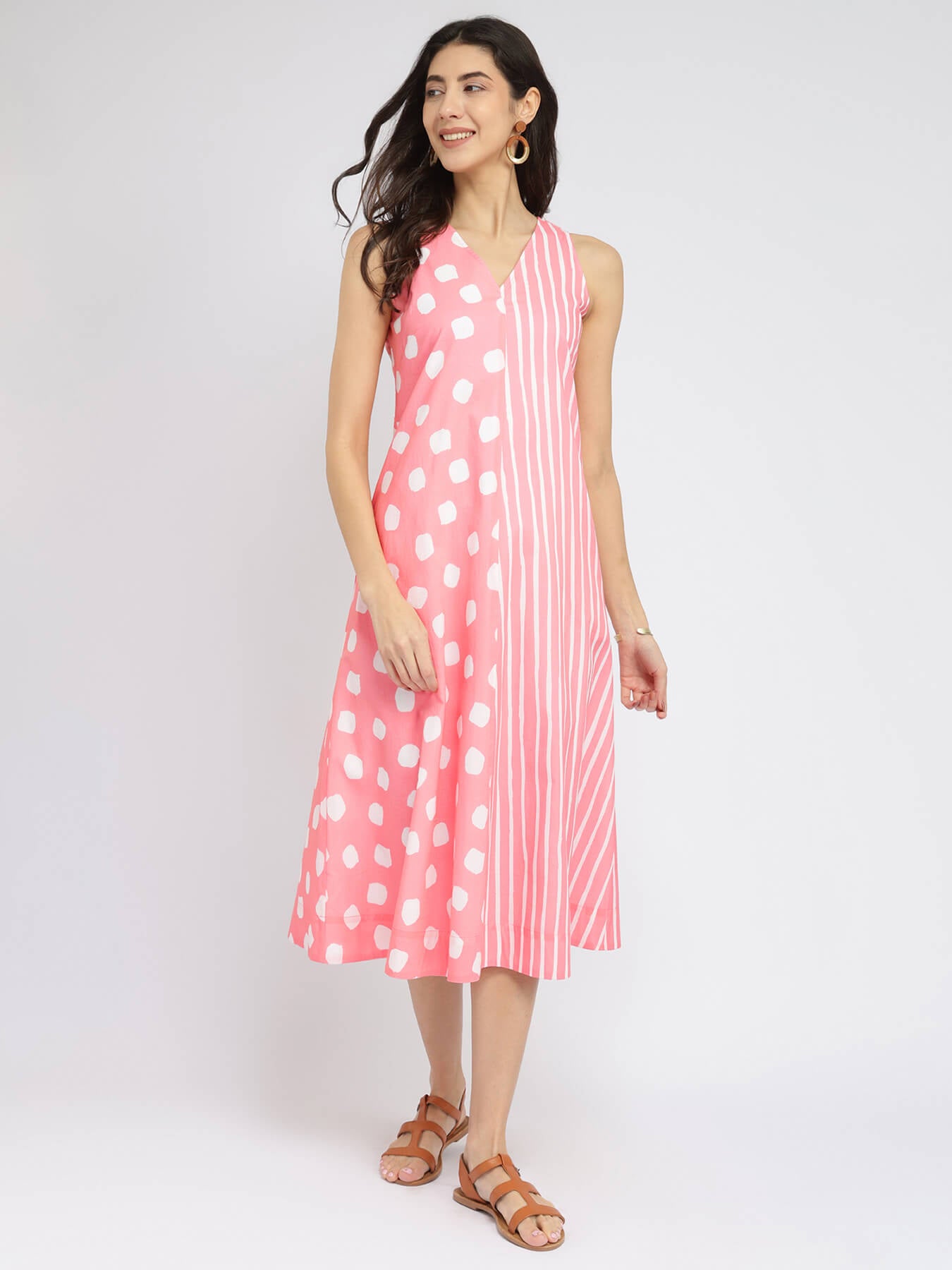 Cotton Polka & Striped A-Line Dress - Peach