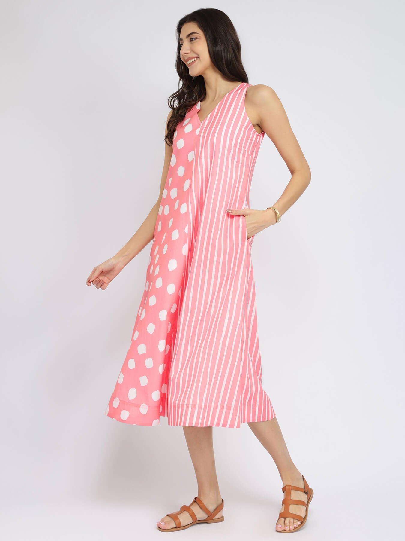 Cotton Polka & Striped A-Line Dress - Peach