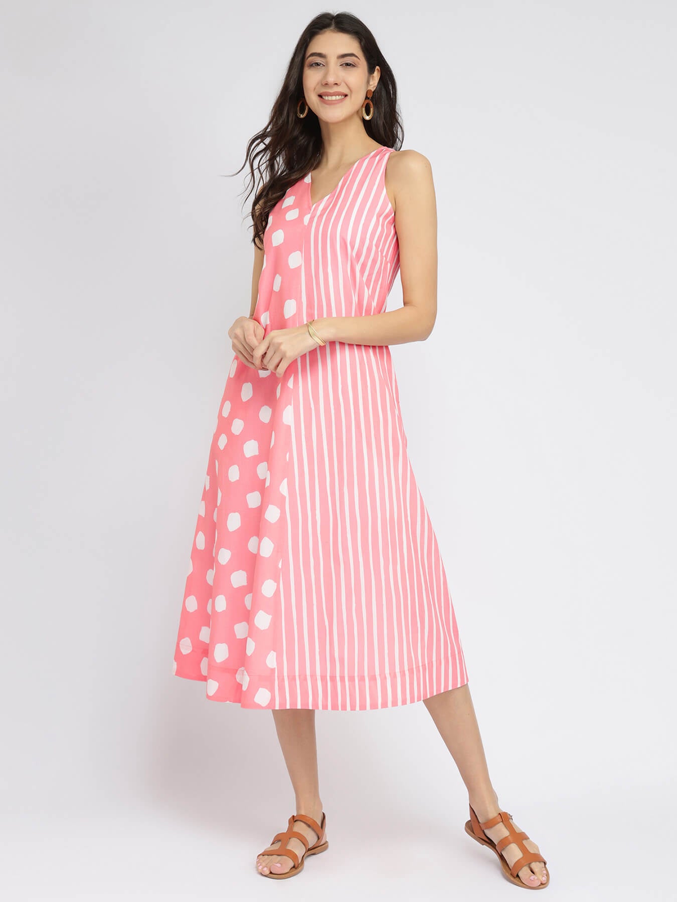 Cotton Polka & Striped A-Line Dress - Peach