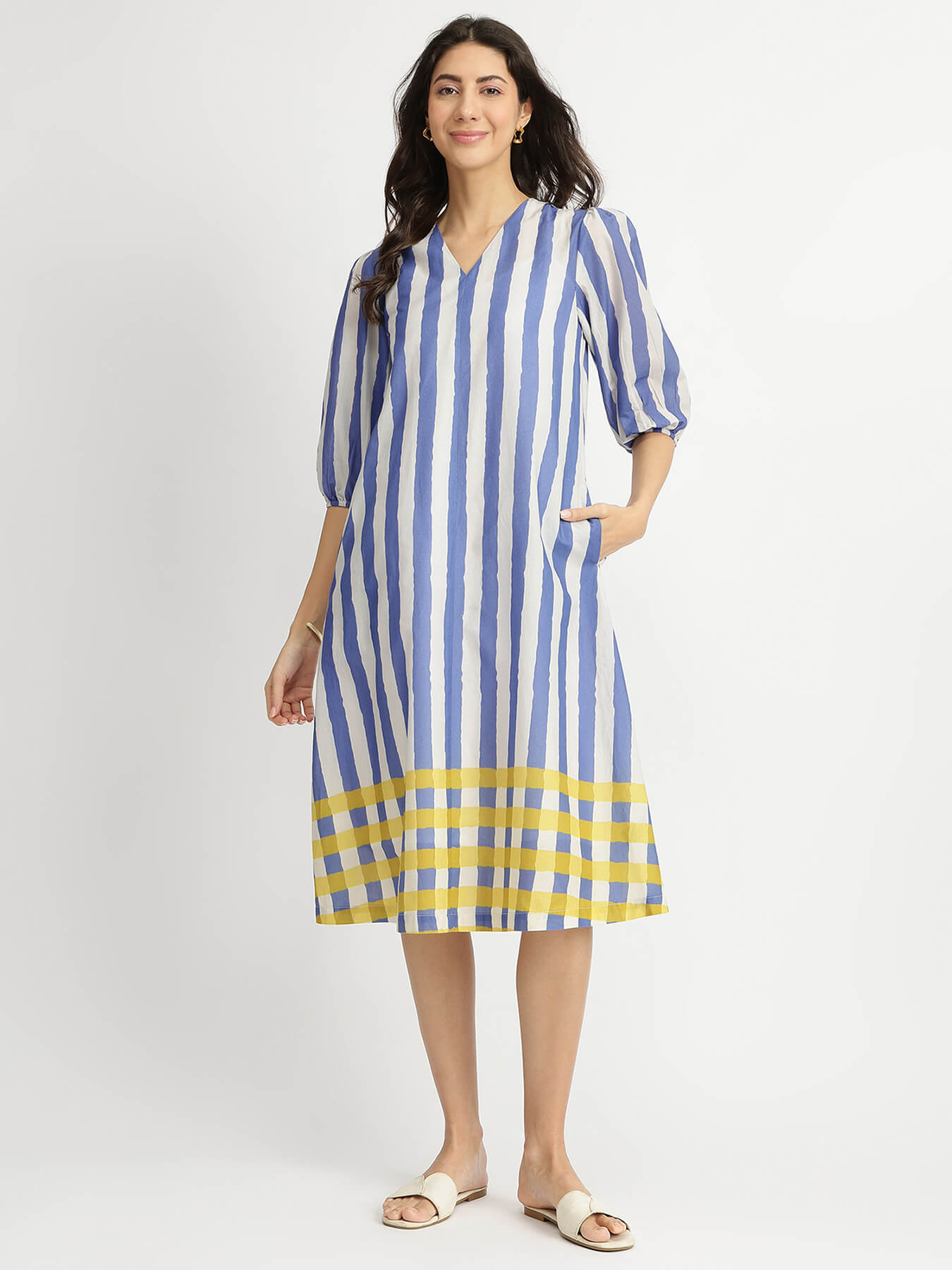 Cotton Stripe Play A-Line Dress - Blue & Yellow
