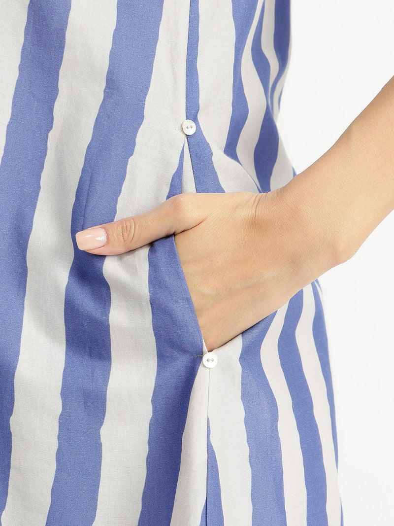 Cotton Stripe Play A-Line Dress - Blue & Yellow