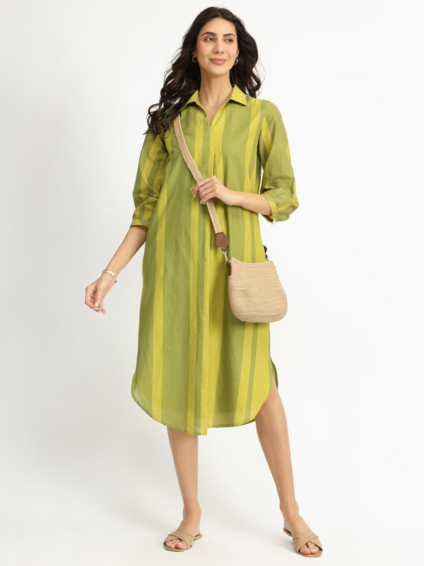 Cotton Monotone Striped Dress - Green