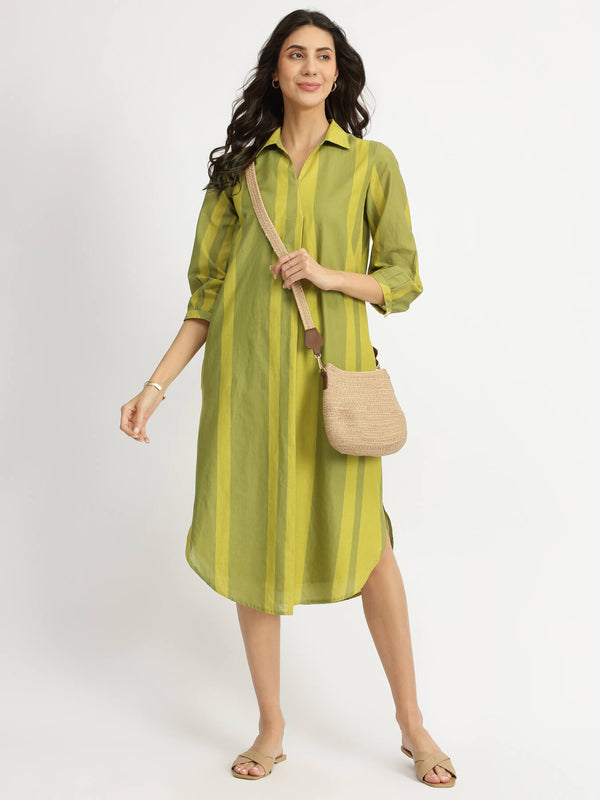 Cotton Monotone Striped Dress - Green