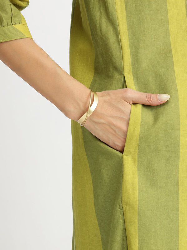 Cotton Monotone Striped Dress - Green