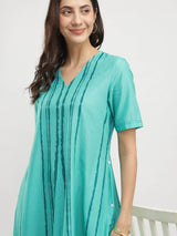 Cotton Placement Stripe Dress - Green
