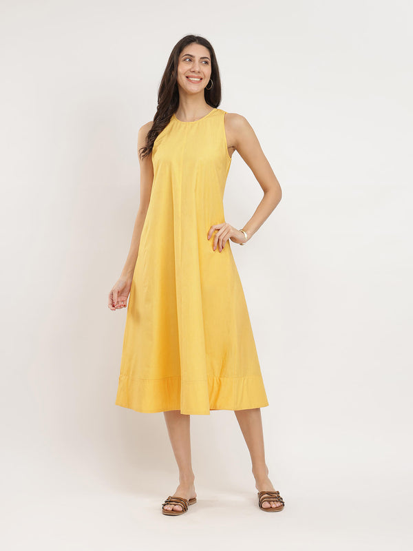 Cotton Solid A-Line Dress - Yellow