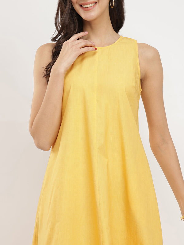 Cotton Solid A-Line Dress - Yellow