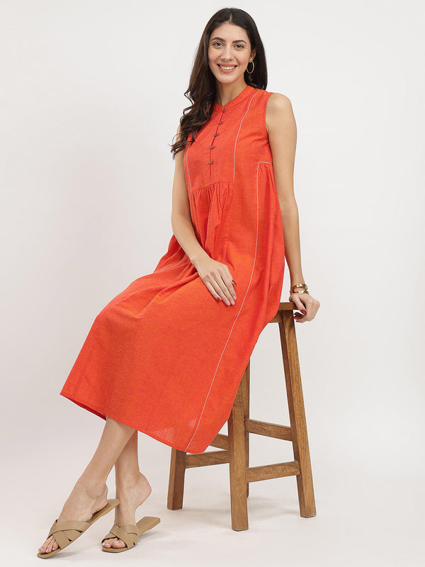Cotton Handwoven Gathered Dress - Orange