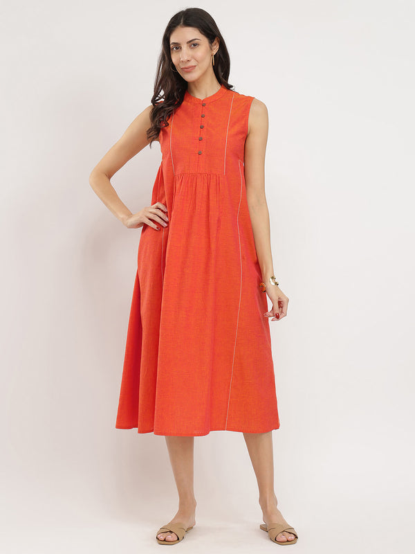 Cotton Handwoven Gathered Dress - Orange