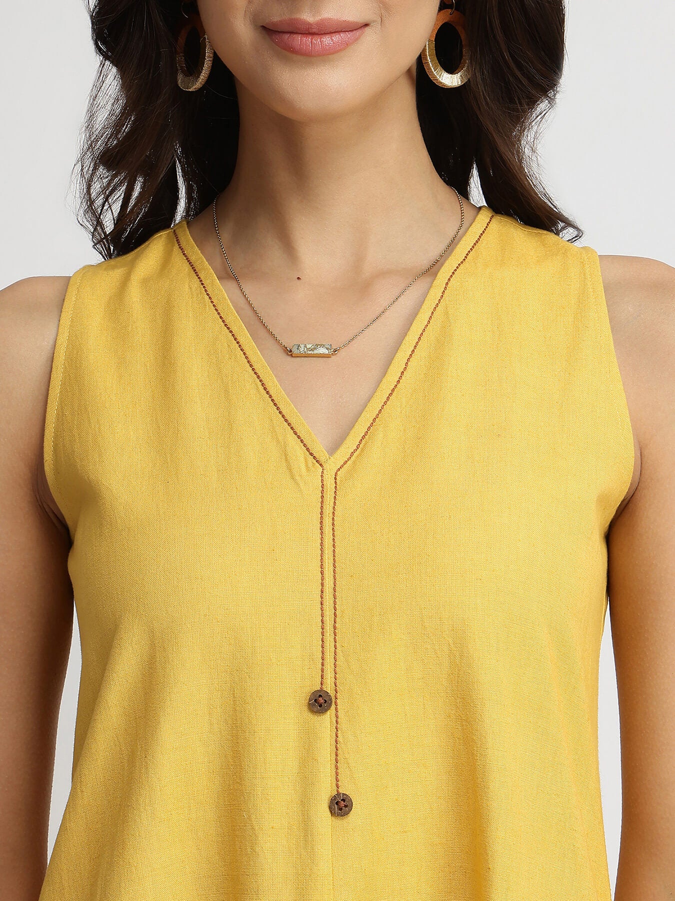 Linen Blend Colourblock A-Line Dress - Yellow & Rust
