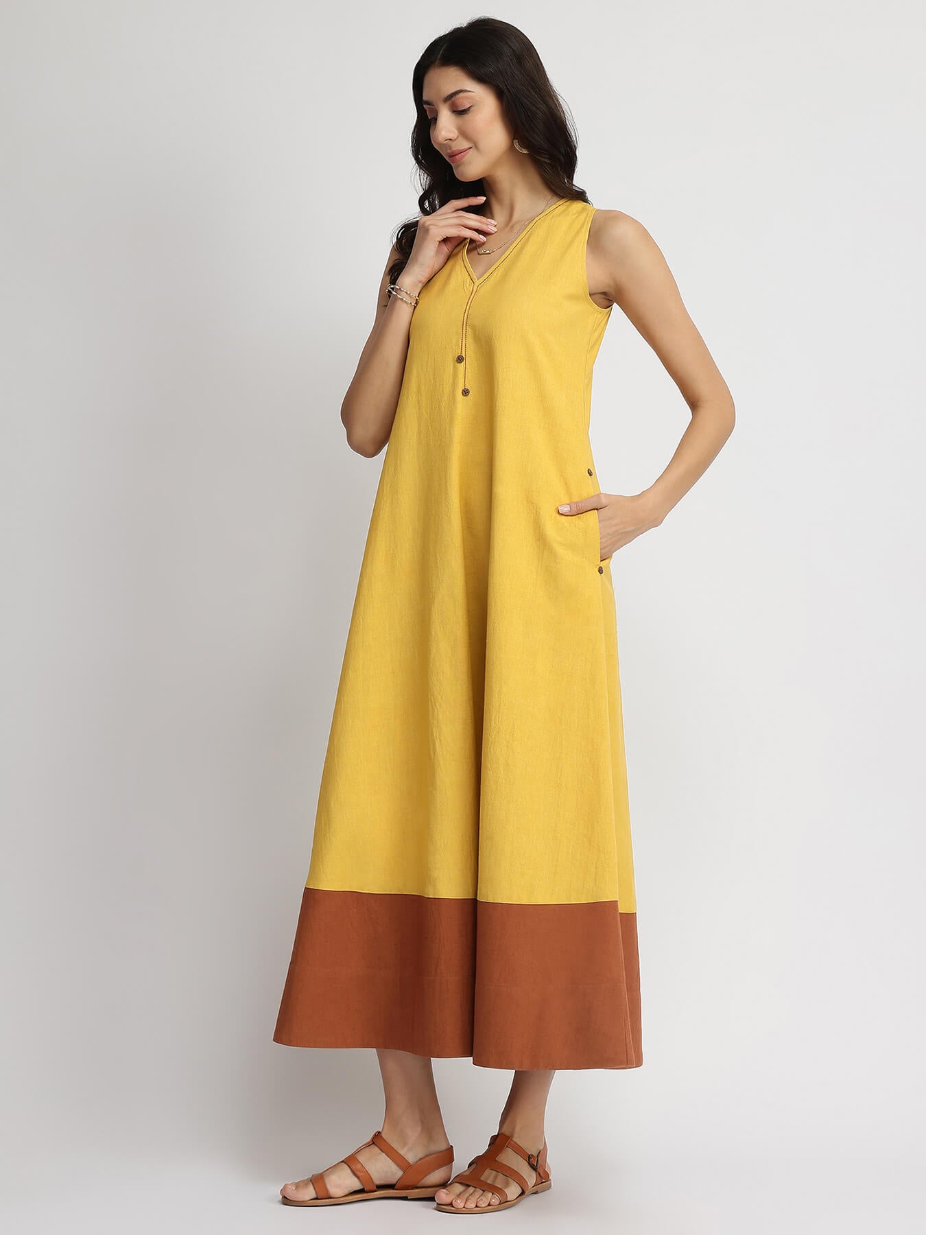 Linen Blend Colourblock A-Line Dress - Yellow & Rust