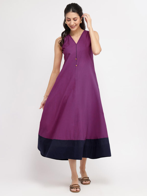 Cotton Colourblock A-Line Dress - Purple & Navy Blue