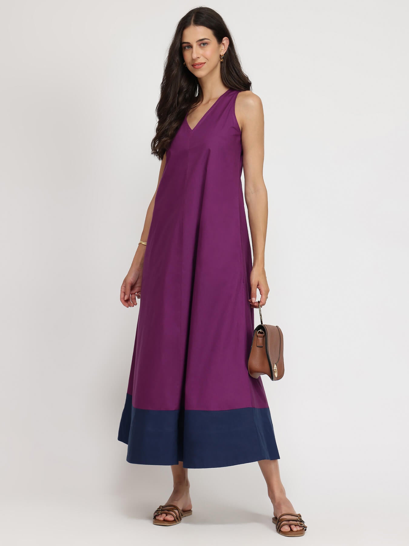 Cotton Colourblock A-Line Dress - Purple & Navy Blue