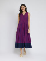 Cotton Handwoven Colourblock Dress - Purple & Blue
