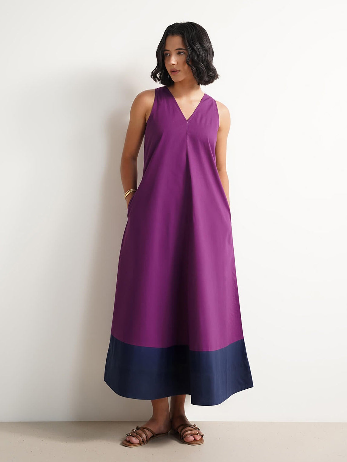 Cotton Colourblock A-Line Dress - Purple & Navy Blue