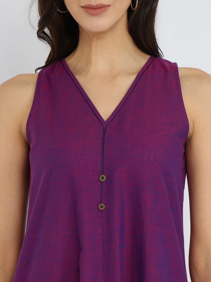 Cotton Handwoven Colourblock Dress - Purple & Blue