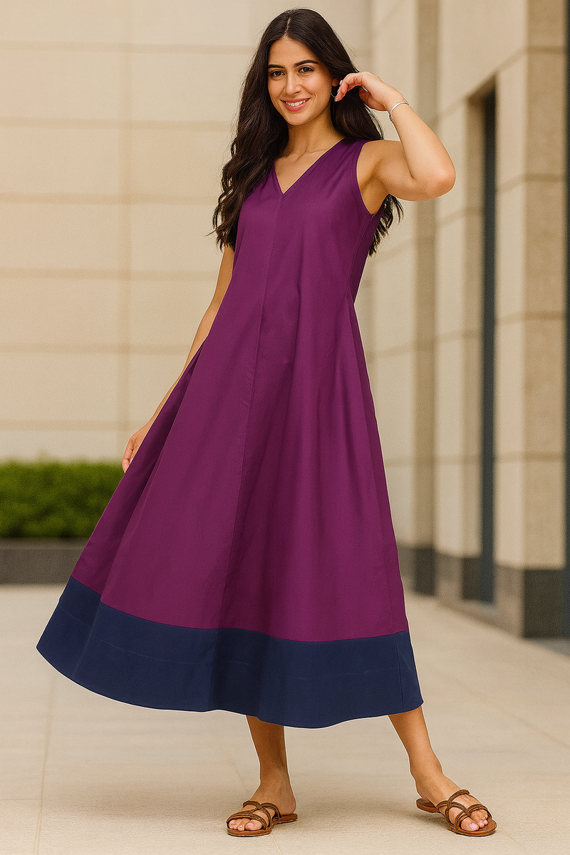 Cotton Colourblock A-Line Dress - Purple & Navy Blue