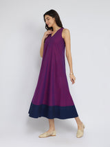Cotton Handwoven Colourblock Dress - Purple & Blue